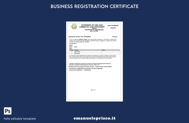 stile verificato India Tamil Nadu certificato di registrazione Modello Word e PD
